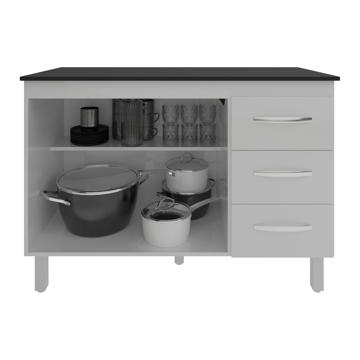 Balcão Gabinete Para Pia 118 cm Cozinha Bruna Branco com Tampo Tampão 120 cm Preto 
