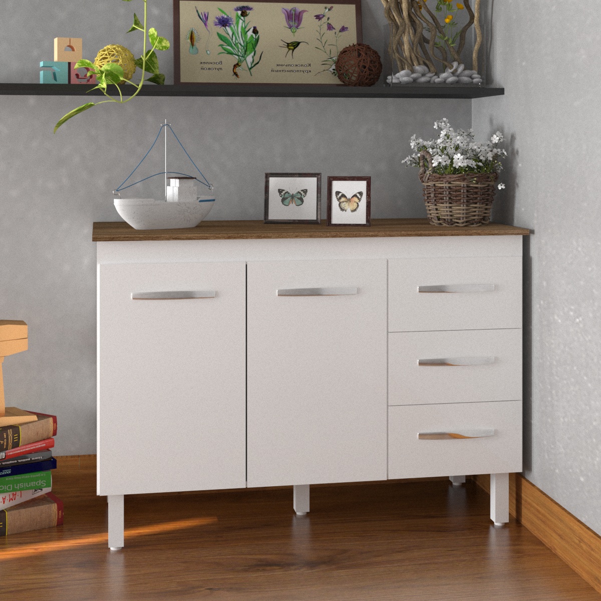Balcão Gabinete Para Pia 118 cm Cozinha Bruna Branco com Tampo Tampão 120 cm Savana 
