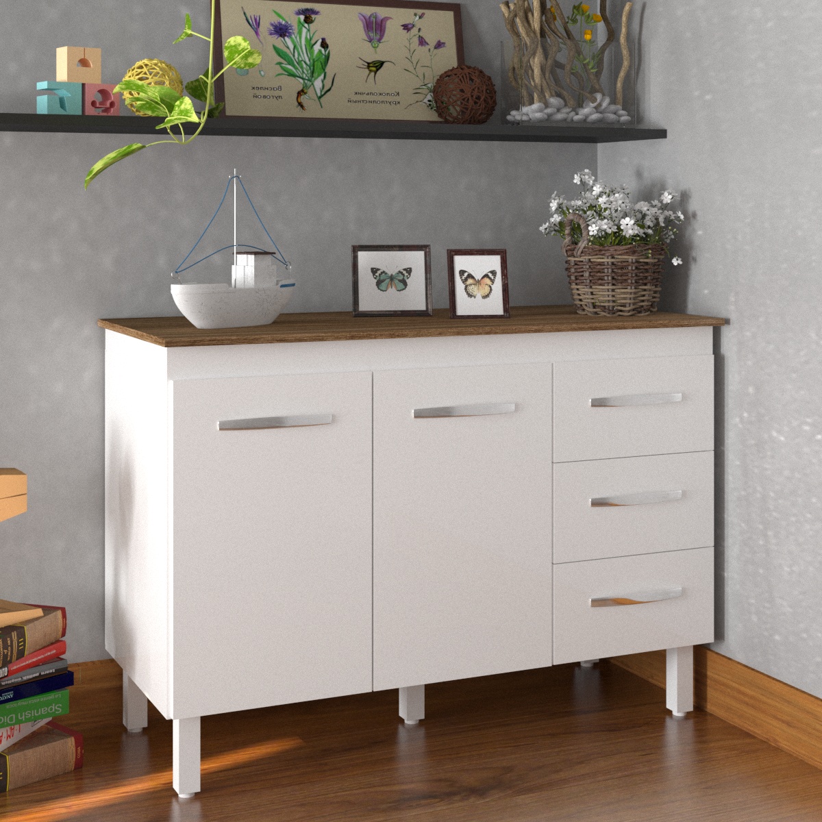 Balcão Gabinete Para Pia 118 cm Cozinha Bruna Branco com Tampo Tampão 120 cm Savana 
