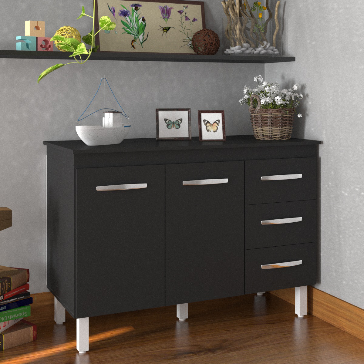 Balcão Gabinete Para Pia 118 cm Cozinha Bruna Preto com Tampo Tampão 120 cm Preto 