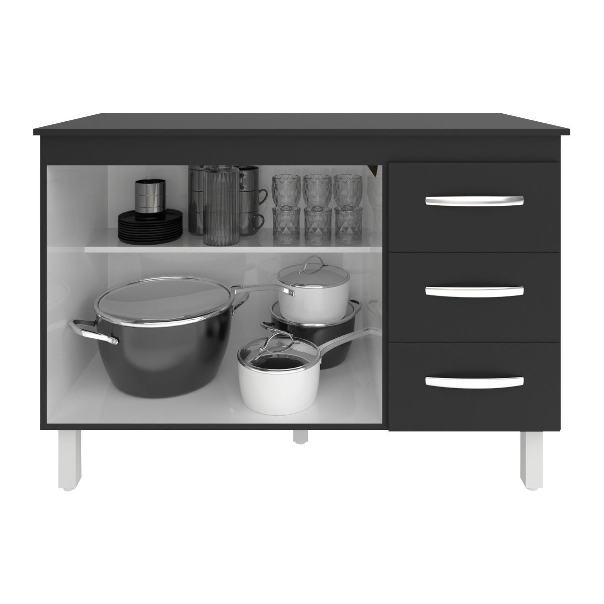 Balcão Gabinete Para Pia 118 cm Cozinha Bruna Preto com Tampo Tampão 120 cm Preto 