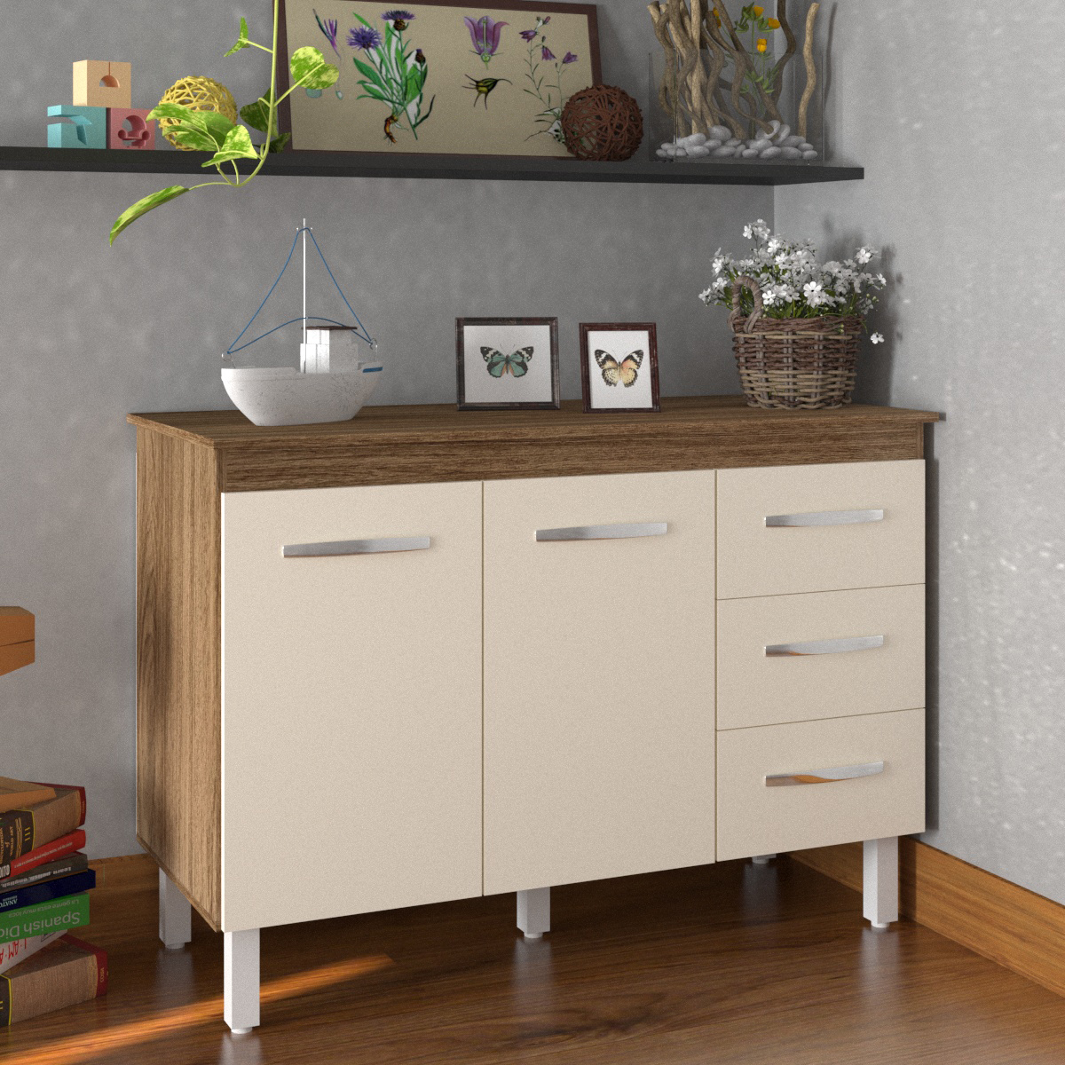 Balcão Gabinete Para Pia 118 cm Cozinha Bruna Savana Off White com Tampo Tampão 120 cm Savana 