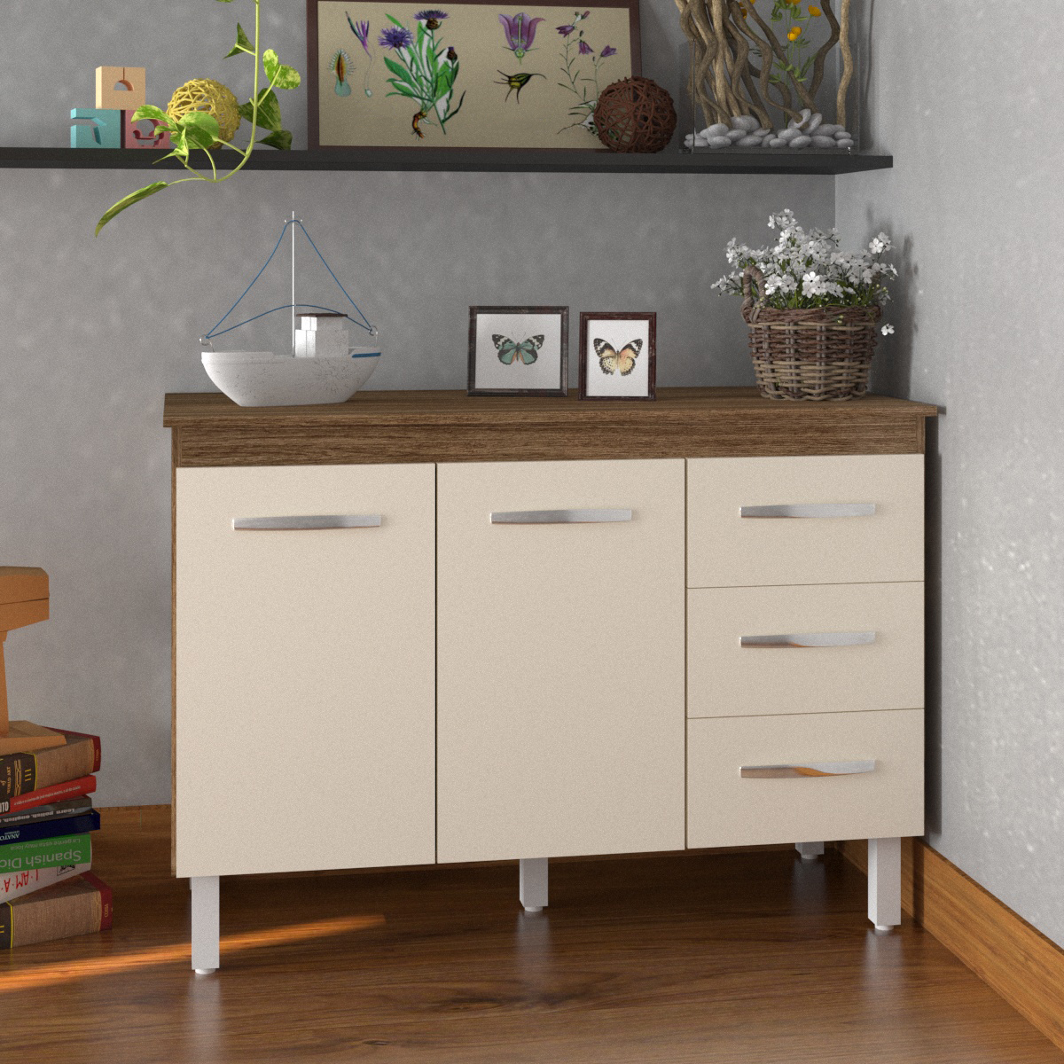 Balcão Gabinete Para Pia 118 cm Cozinha Bruna Savana Off White com Tampo Tampão 120 cm Savana 