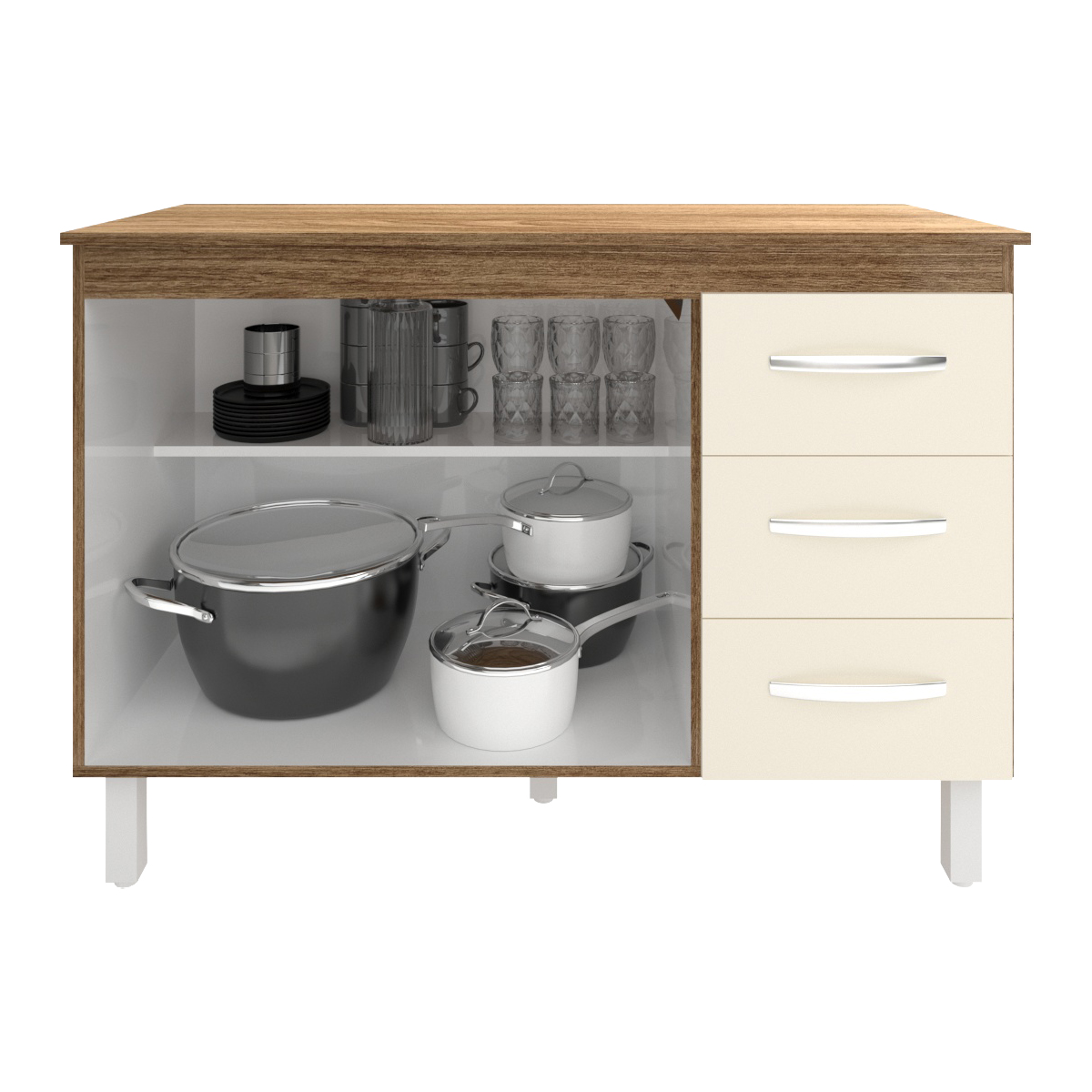 Balcão Gabinete Para Pia 118 cm Cozinha Bruna Savana Off White com Tampo Tampão 120 cm Savana 