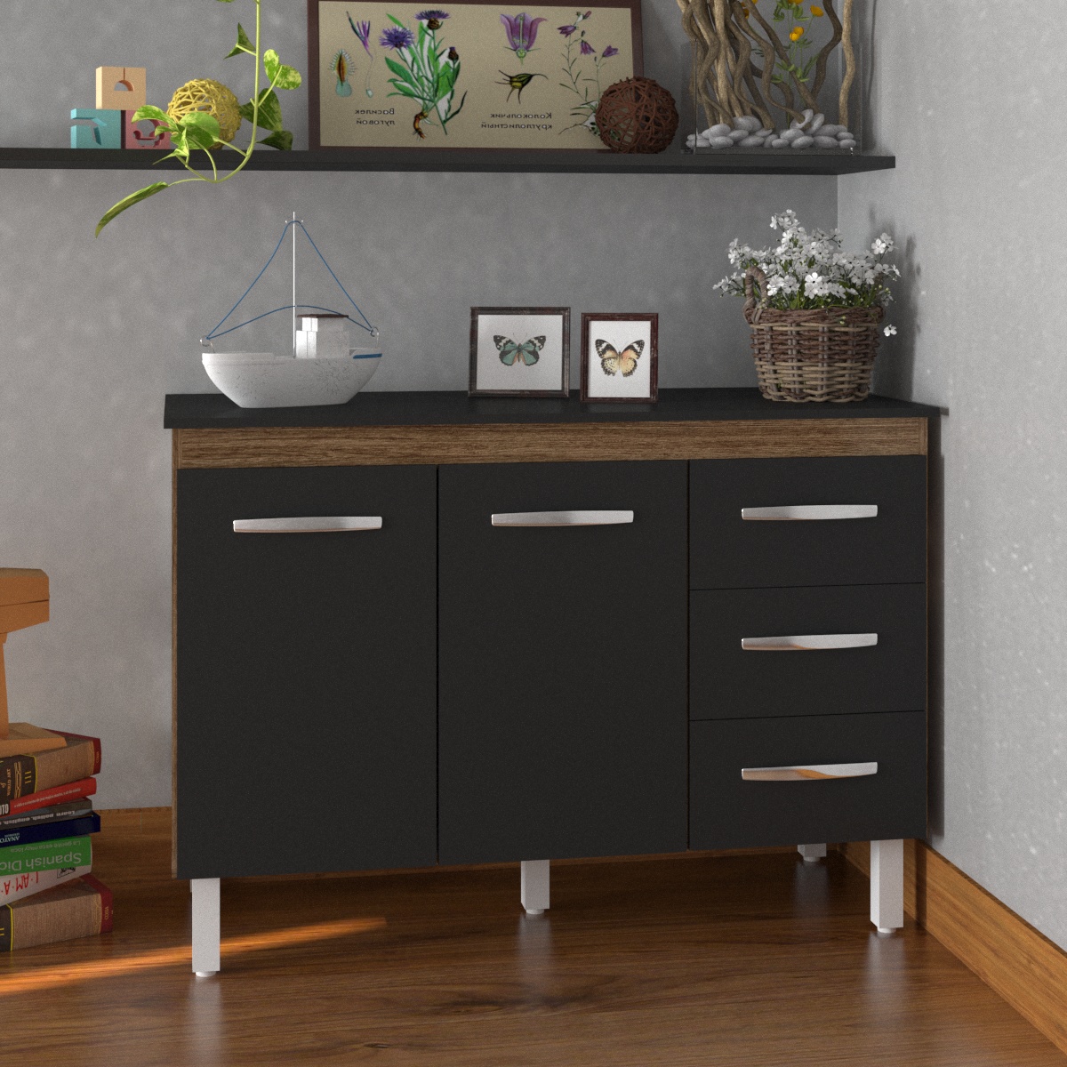 Balcão Gabinete Para Pia 118 cm Cozinha Bruna Savana Preto com Tampo Tampão 120 cm Preto 