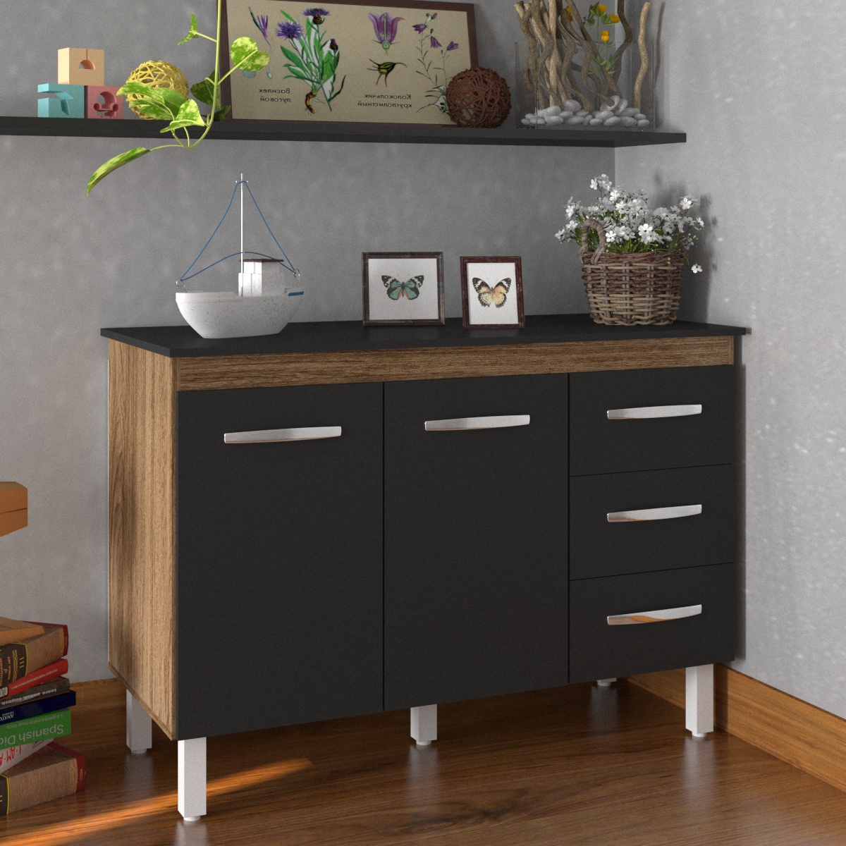 Balcão Gabinete Para Pia 118 cm Cozinha Bruna Savana Preto com Tampo Tampão 120 cm Preto 