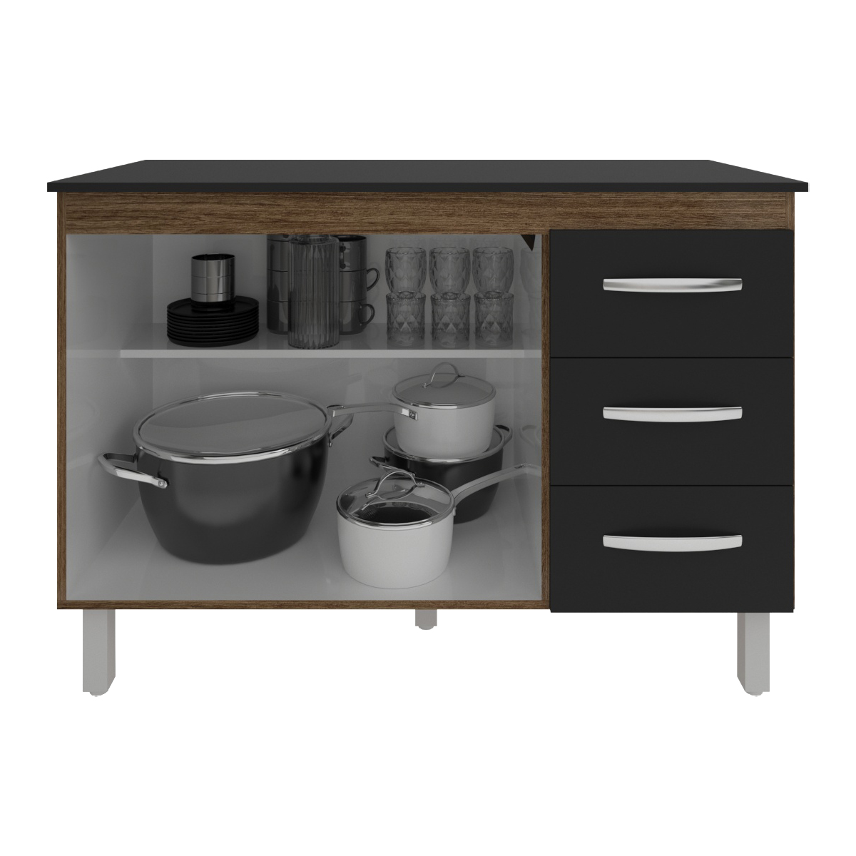 Balcão Gabinete Para Pia 118 cm Cozinha Bruna Savana Preto com Tampo Tampão 120 cm Preto 