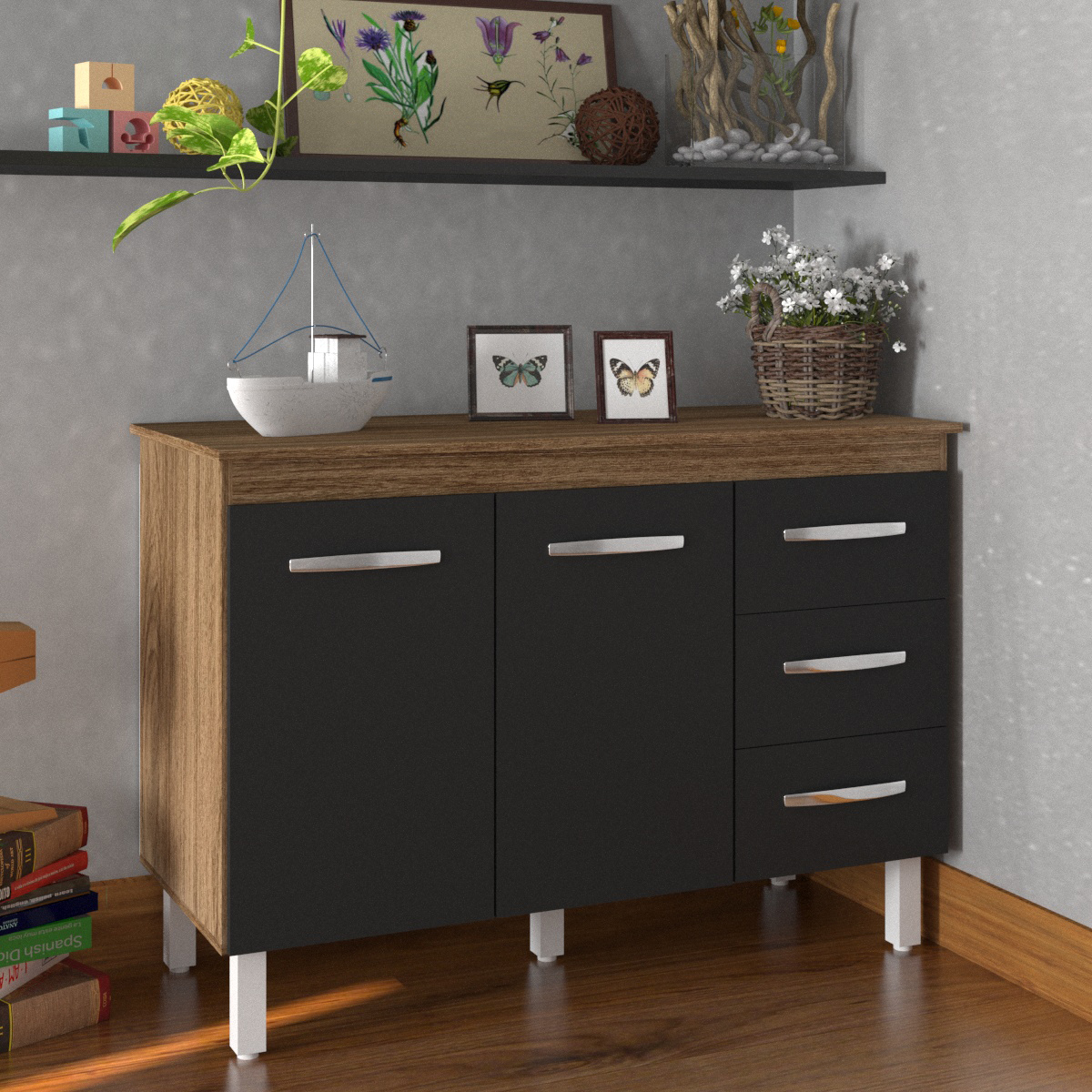 Balcão Gabinete Para Pia 118 cm Cozinha Bruna Savana Preto com Tampo Tampão 120 cm Savana 