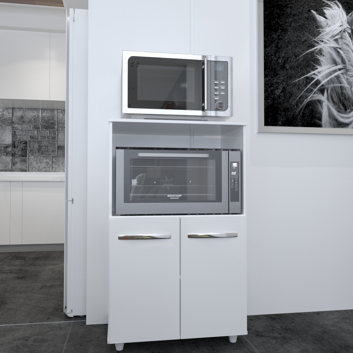 Balcão Multiuso Armário Cozinha para Forno Elétrico e Microondas Organizador com 2 portas Tayla Branco 