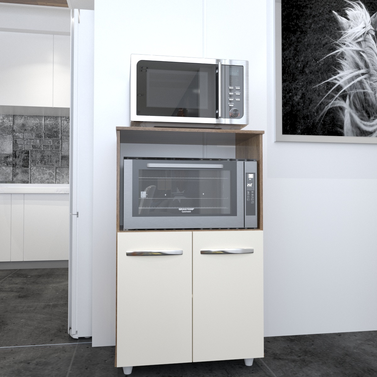 Balcão Multiuso Armário Cozinha para Forno Elétrico e Microondas Organizador com 2 portas Tayla Savana Off White 