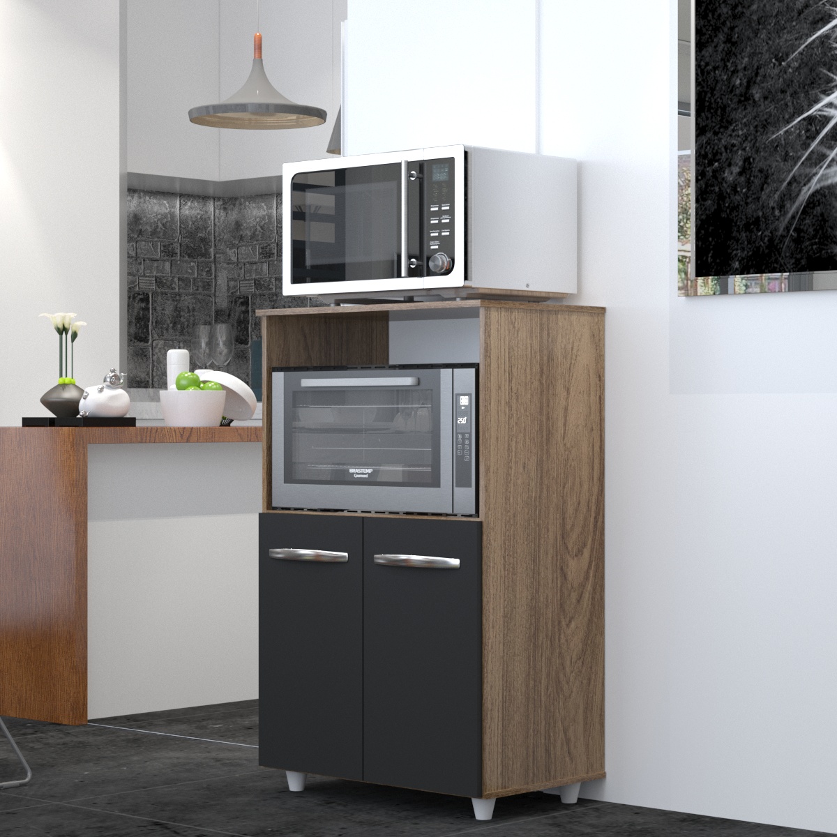 Balcão Multiuso Armário Cozinha para Forno Elétrico e Microondas Organizador com 2 portas Tayla Savana Preto 