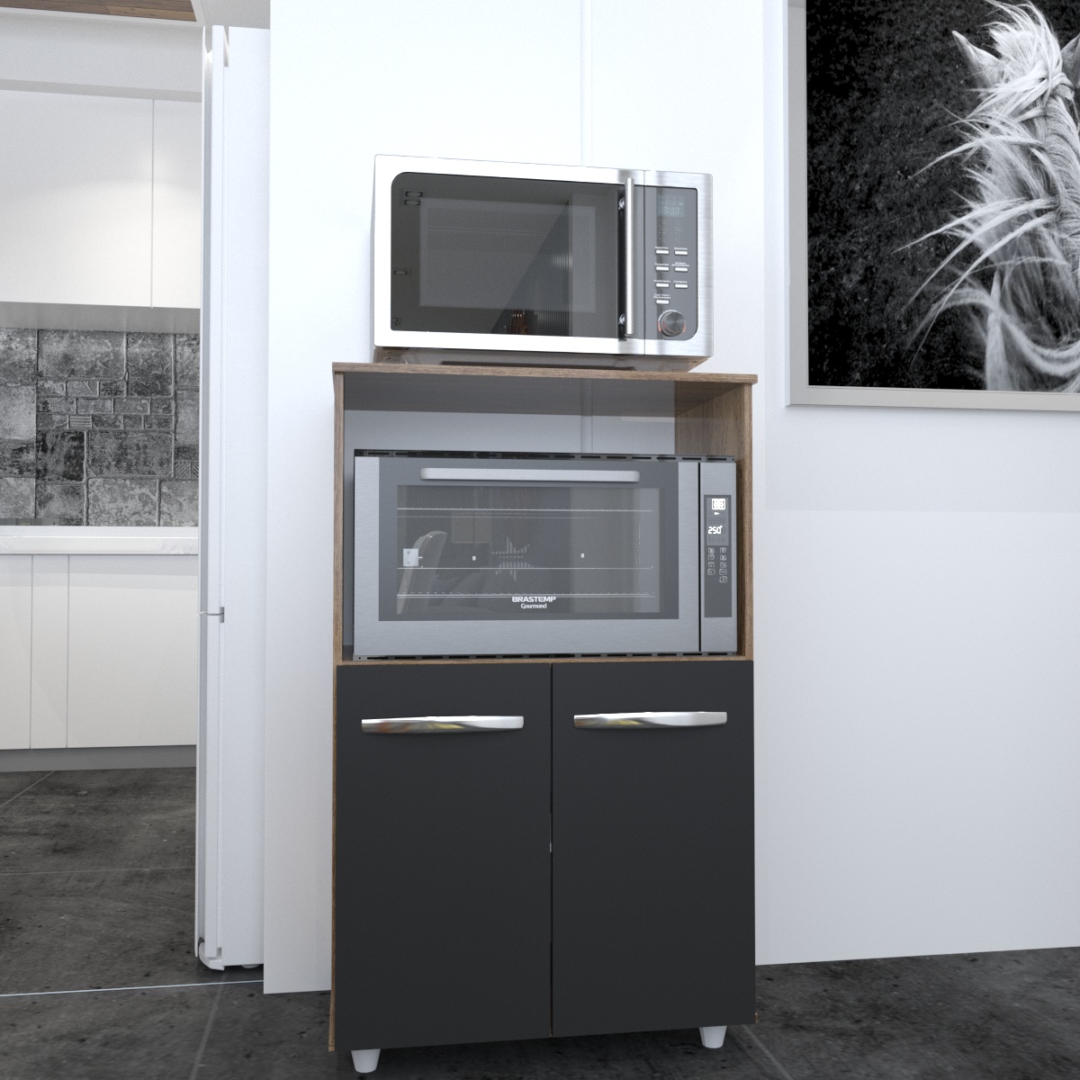 Balcão Multiuso Armário Cozinha para Forno Elétrico e Microondas Organizador com 2 portas Tayla Savana Preto 