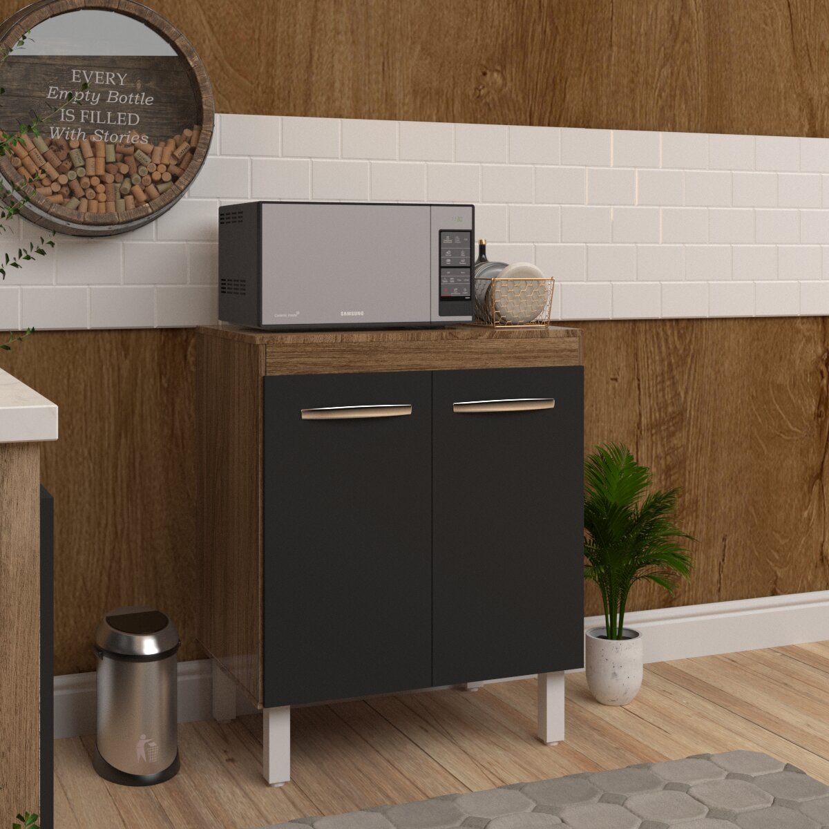 Balcão Multiuso Armário Para Cozinha Microondas Forno Jane Mobília Decor Savana Preto 