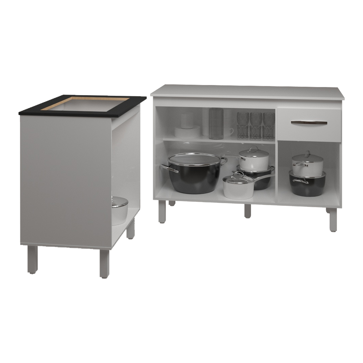 Balcão Para Cooktop 4 Bocas Fran Branco e Armário Aline 118 cm Cozinha Gabinete Branco com Tampo Tampão Branco 