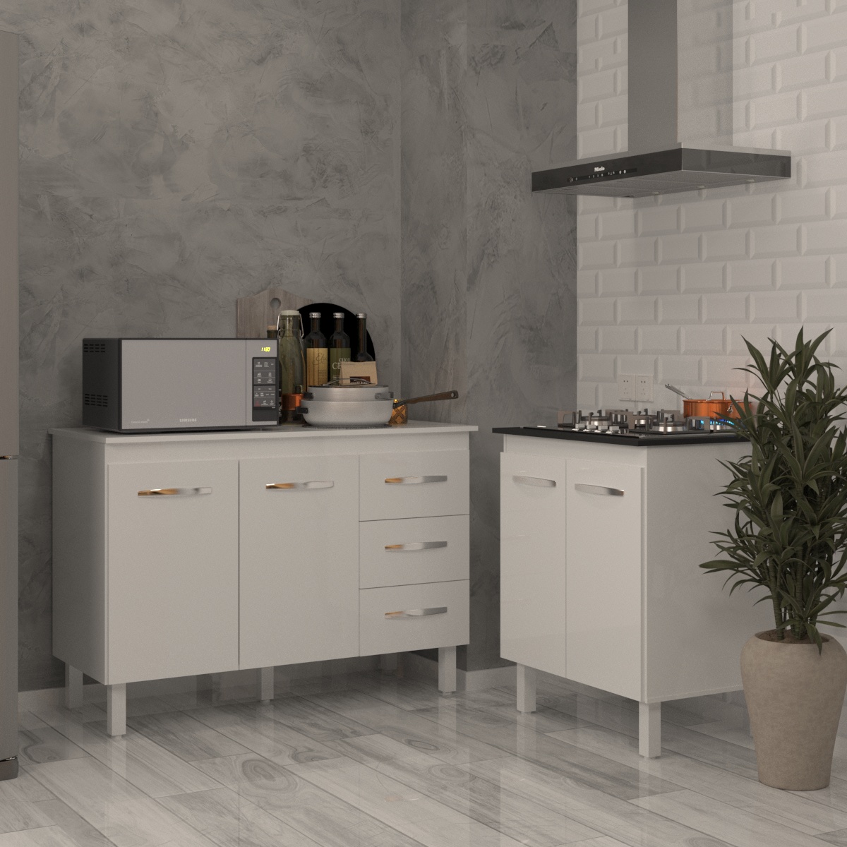 Balcão Para Cooktop 4 Bocas Fran Branco e Armário Bruna 118 cm Cozinha Gabinete Branco com Tampo Tampão Branco 