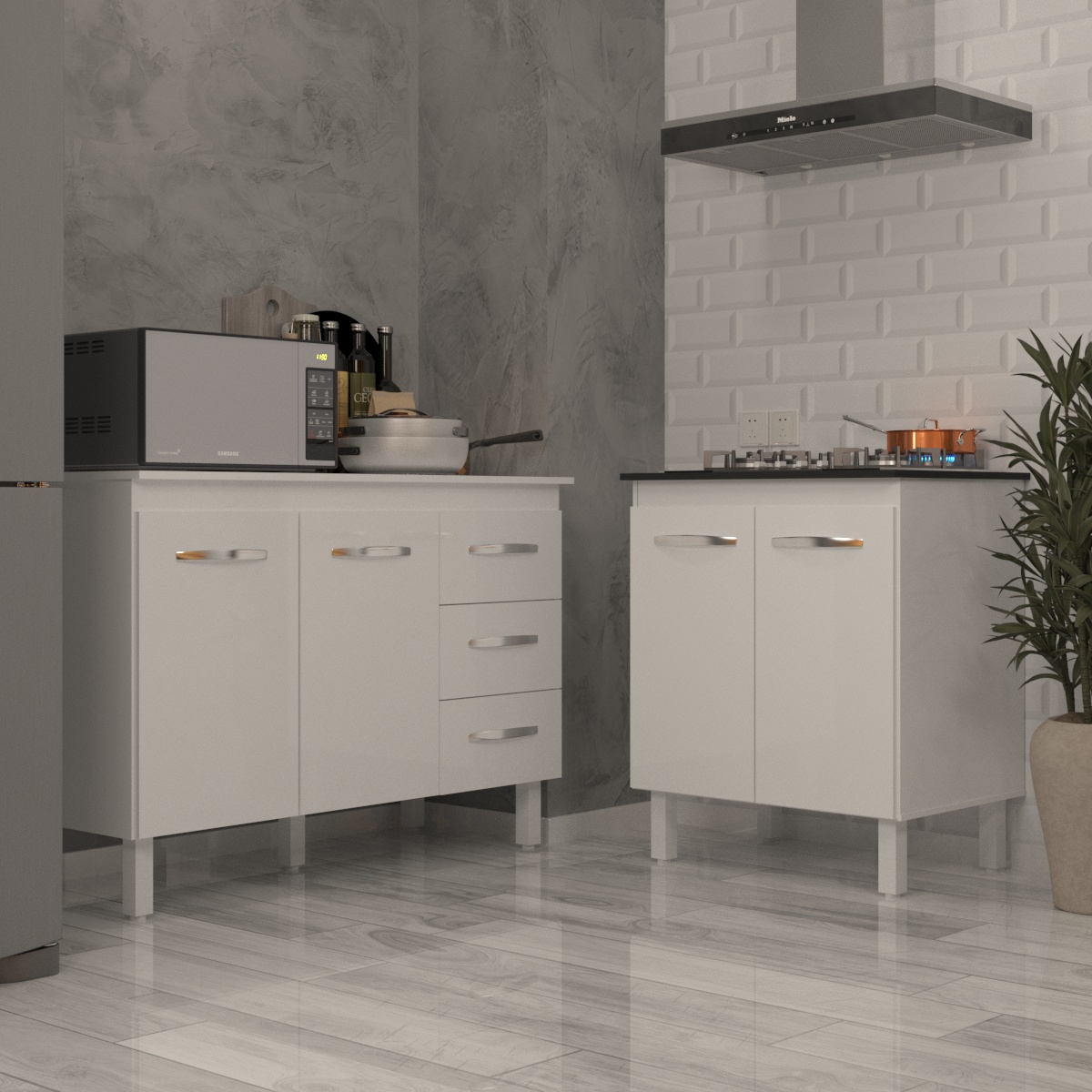 Balcão Para Cooktop 4 Bocas Fran Branco e Armário Bruna 118 cm Cozinha Gabinete Branco com Tampo Tampão Branco 