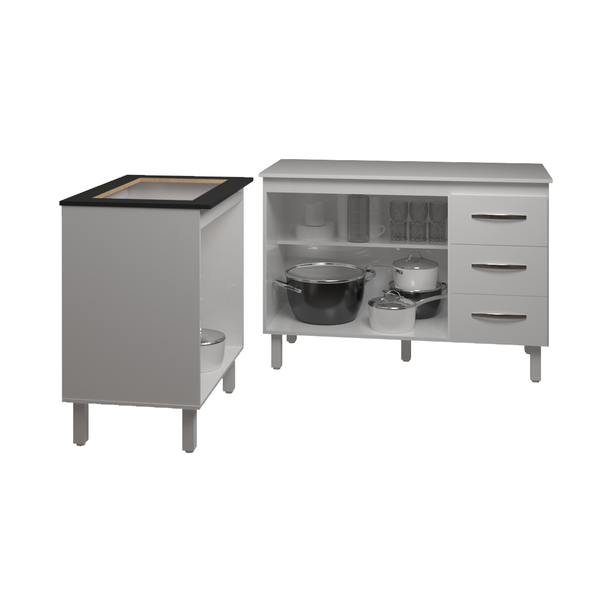 Balcão Para Cooktop 4 Bocas Fran Branco e Armário Bruna 118 cm Cozinha Gabinete Branco com Tampo Tampão Branco 