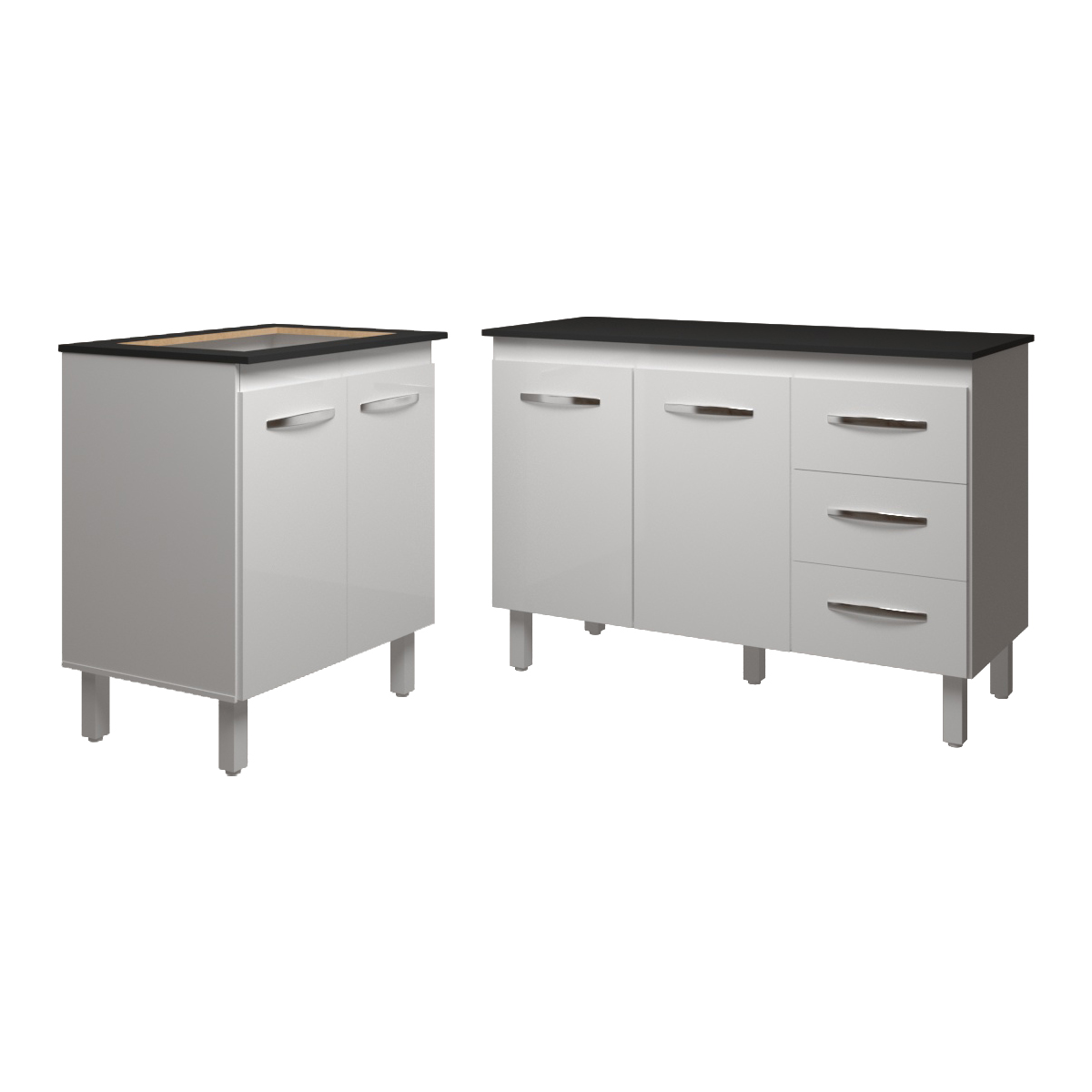 Balcão Para Cooktop 4 Bocas Fran Branco e Armário Bruna 118 cm Cozinha Gabinete Branco com Tampo Tampão Preto 