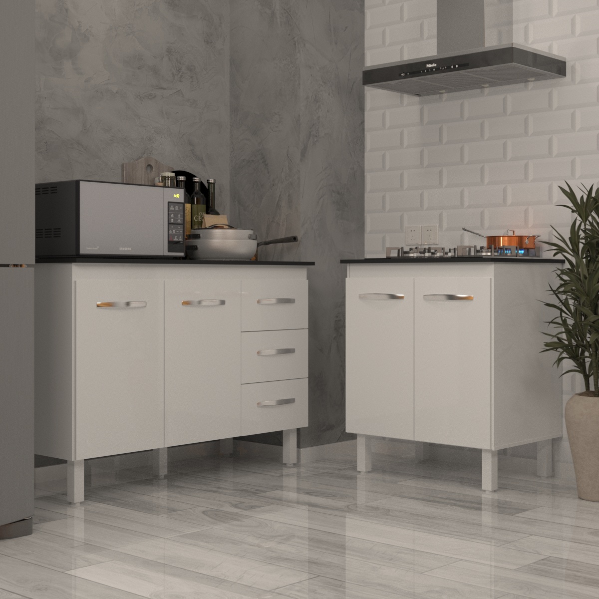 Balcão Para Cooktop 4 Bocas Fran Branco e Armário Bruna 118 cm Cozinha Gabinete Branco com Tampo Tampão Preto 