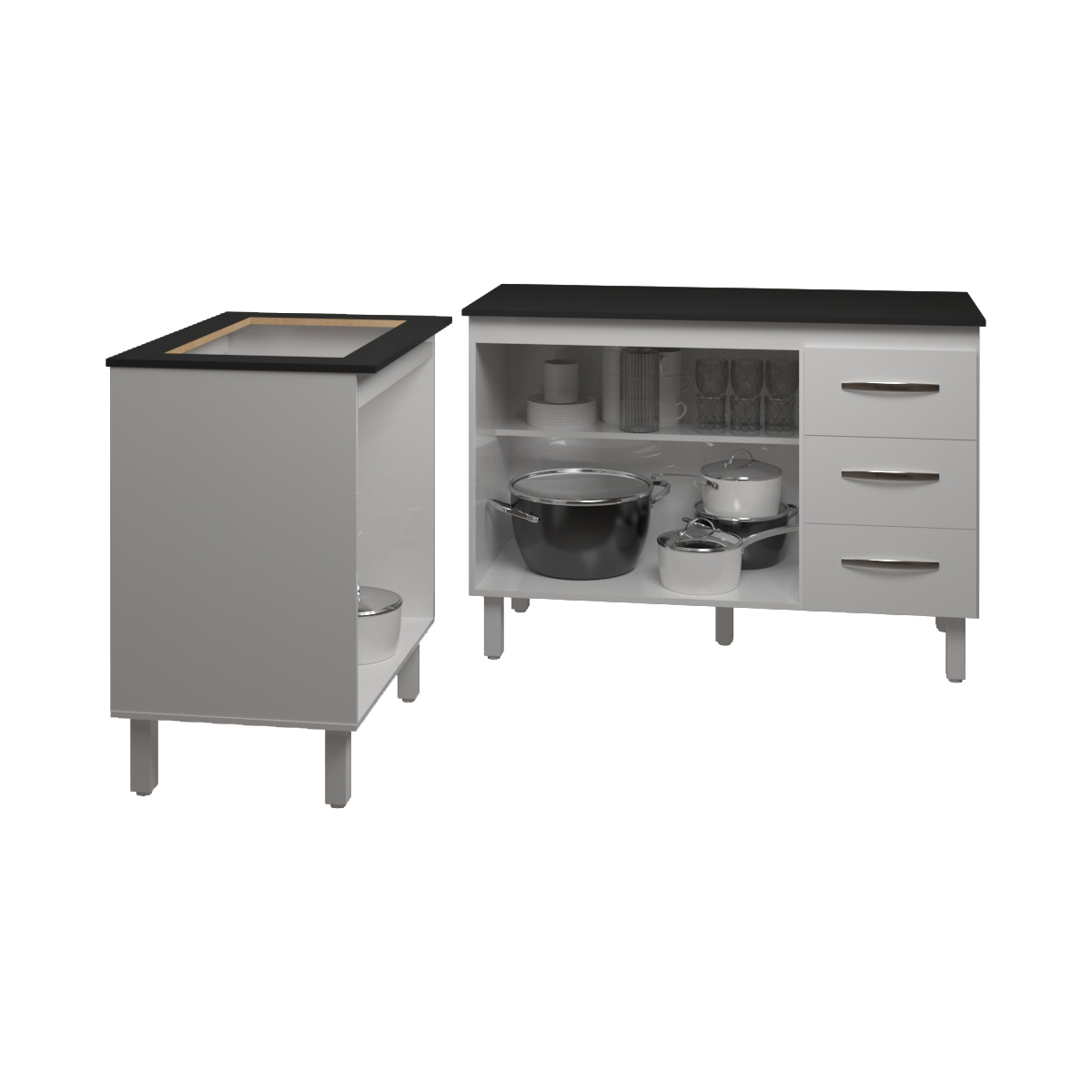 Balcão Para Cooktop 4 Bocas Fran Branco e Armário Bruna 118 cm Cozinha Gabinete Branco com Tampo Tampão Preto 