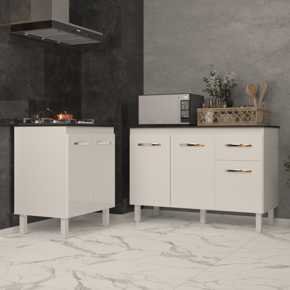 Balcão Para Cooktop 4 Bocas Fran e Armário Aline 118 cm Cozinha Gabinete Branco com Tampo Tampão Preto 