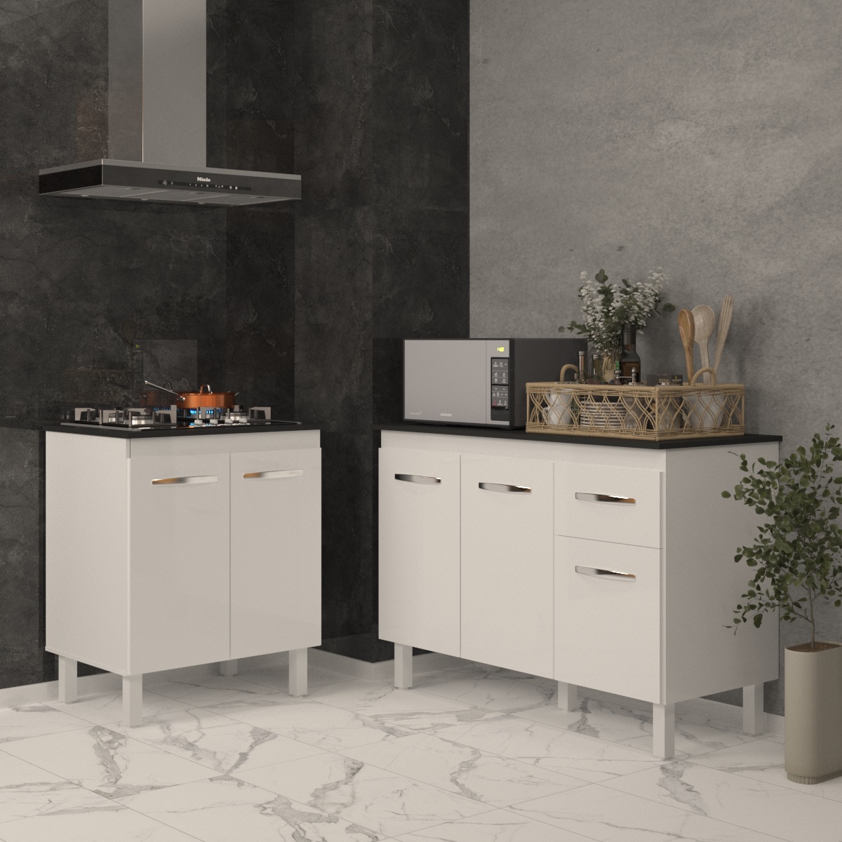 Balcão Para Cooktop 4 Bocas Fran e Armário Aline 118 cm Cozinha Gabinete Branco com Tampo Tampão Preto 