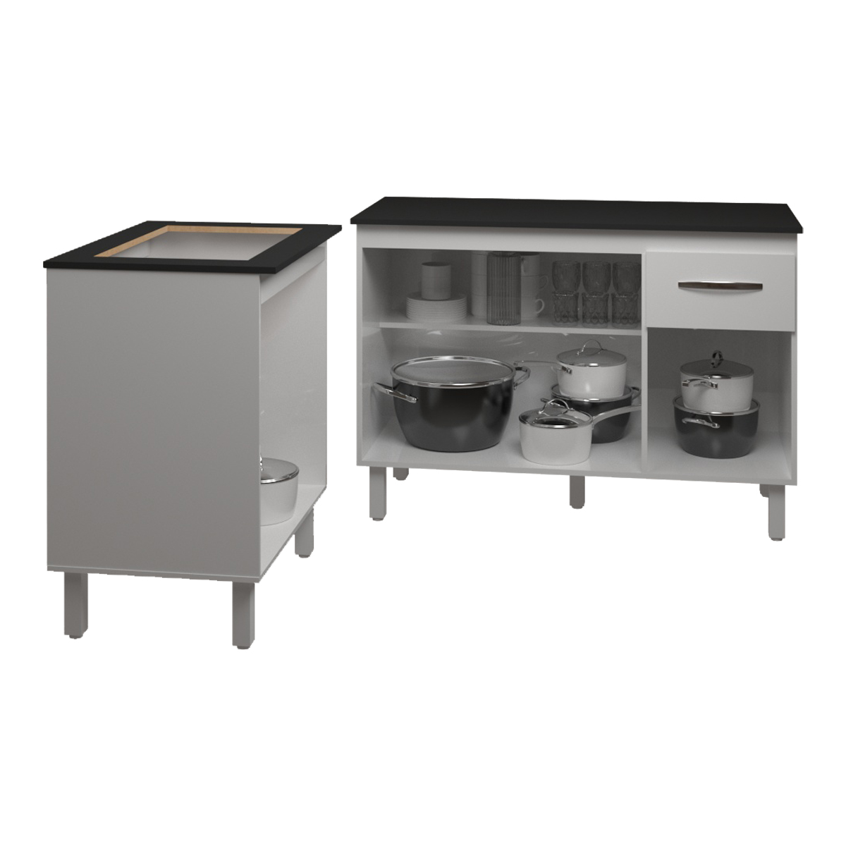 Balcão Para Cooktop 4 Bocas Fran e Armário Aline 118 cm Cozinha Gabinete Branco com Tampo Tampão Preto 