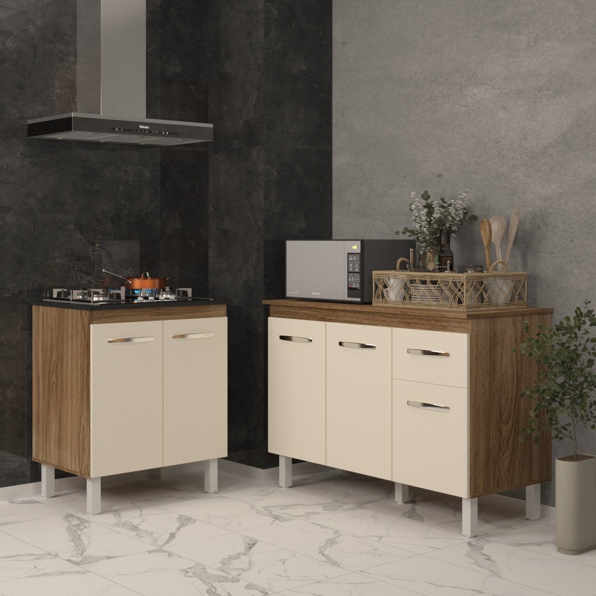 Balcão Para Cooktop 4 Bocas Fran e Armário Aline 118 cm Cozinha Gabinete Savana Off White com Tampo Tampão 