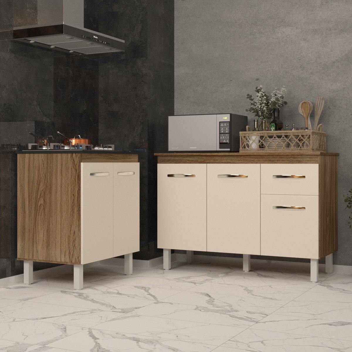 Balcão Para Cooktop 4 Bocas Fran e Armário Aline 118 cm Cozinha Gabinete Savana Off White com Tampo Tampão 