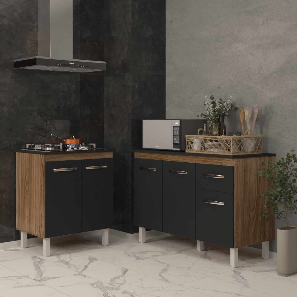 Balcão Para Cooktop 4 Bocas Fran e Armário Aline 118 cm Cozinha Gabinete Savana Preto com Tampo Tampão Preto 