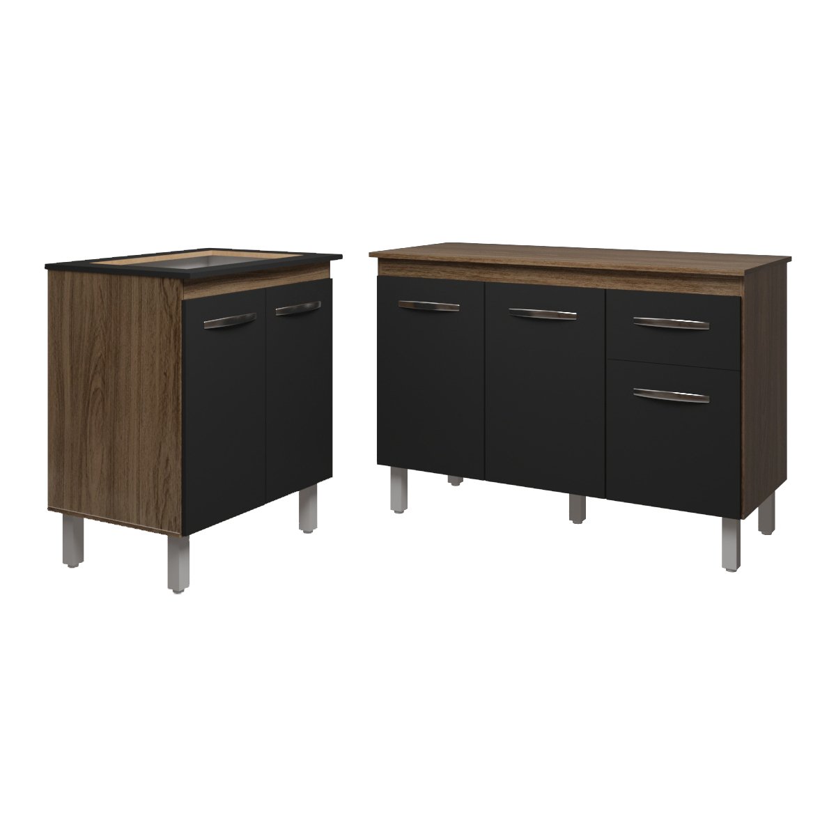 Balcão Para Cooktop 4 Bocas Fran e Armário Aline 118 cm Cozinha Gabinete Savana Preto com Tampo Tampão Savana 