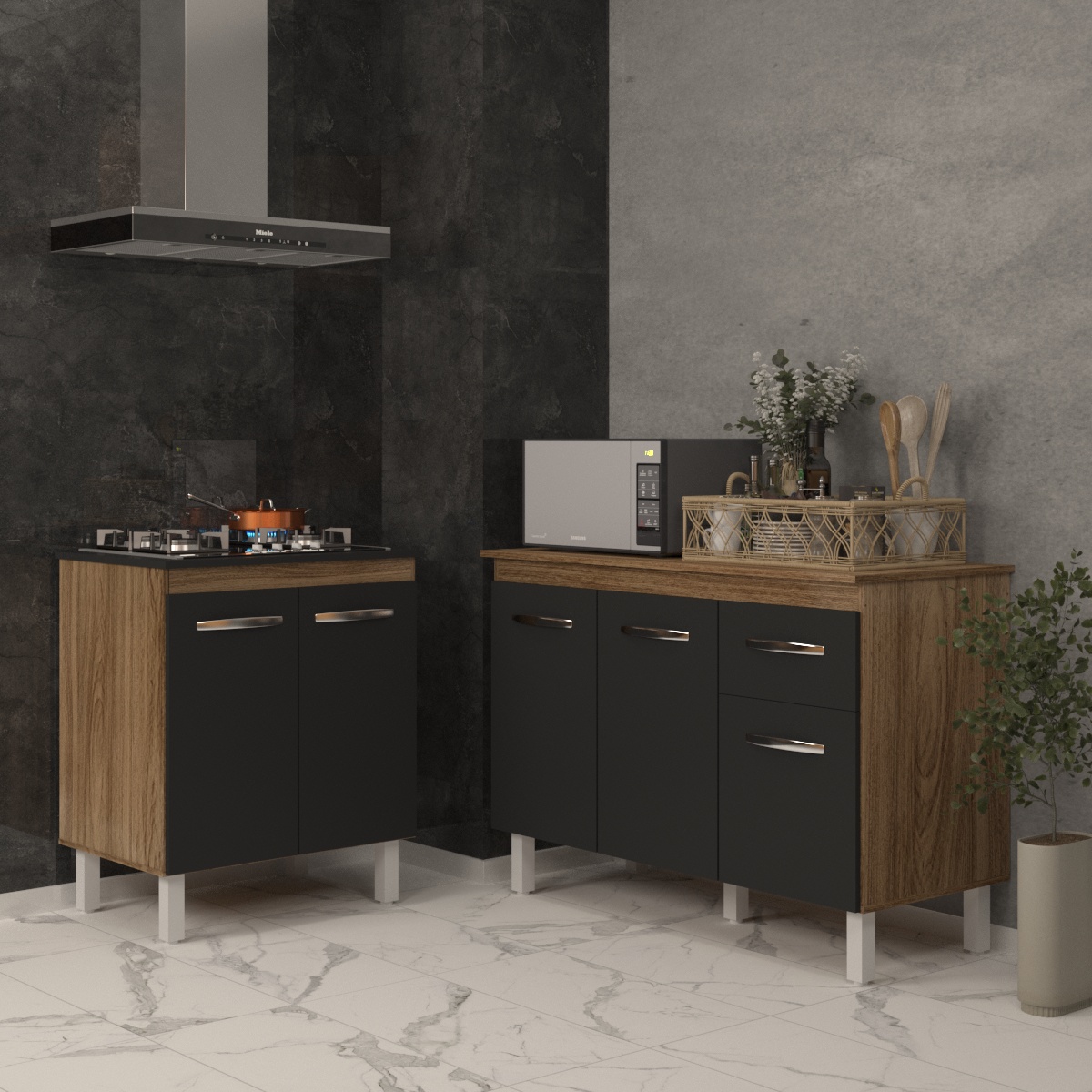 Balcão Para Cooktop 4 Bocas Fran e Armário Aline 118 cm Cozinha Gabinete Savana Preto com Tampo Tampão Savana 