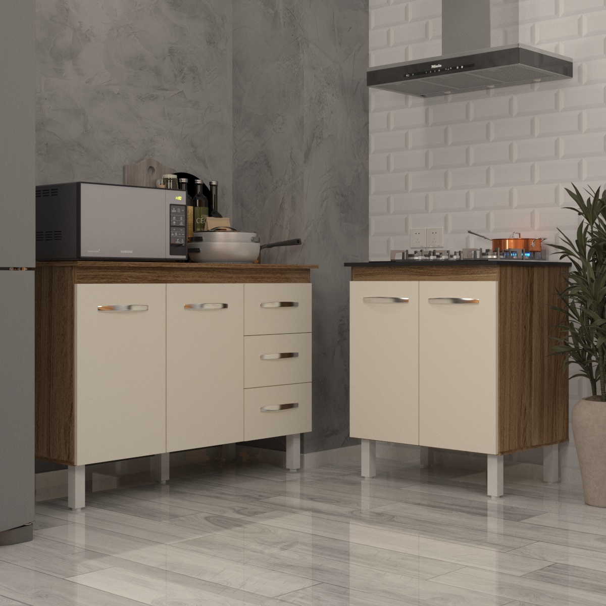 Balcão Para Cooktop 4 Bocas Fran e Armário Bruna 118 cm Cozinha Gabinete Savana Off White com Tampo Tampão Savana 