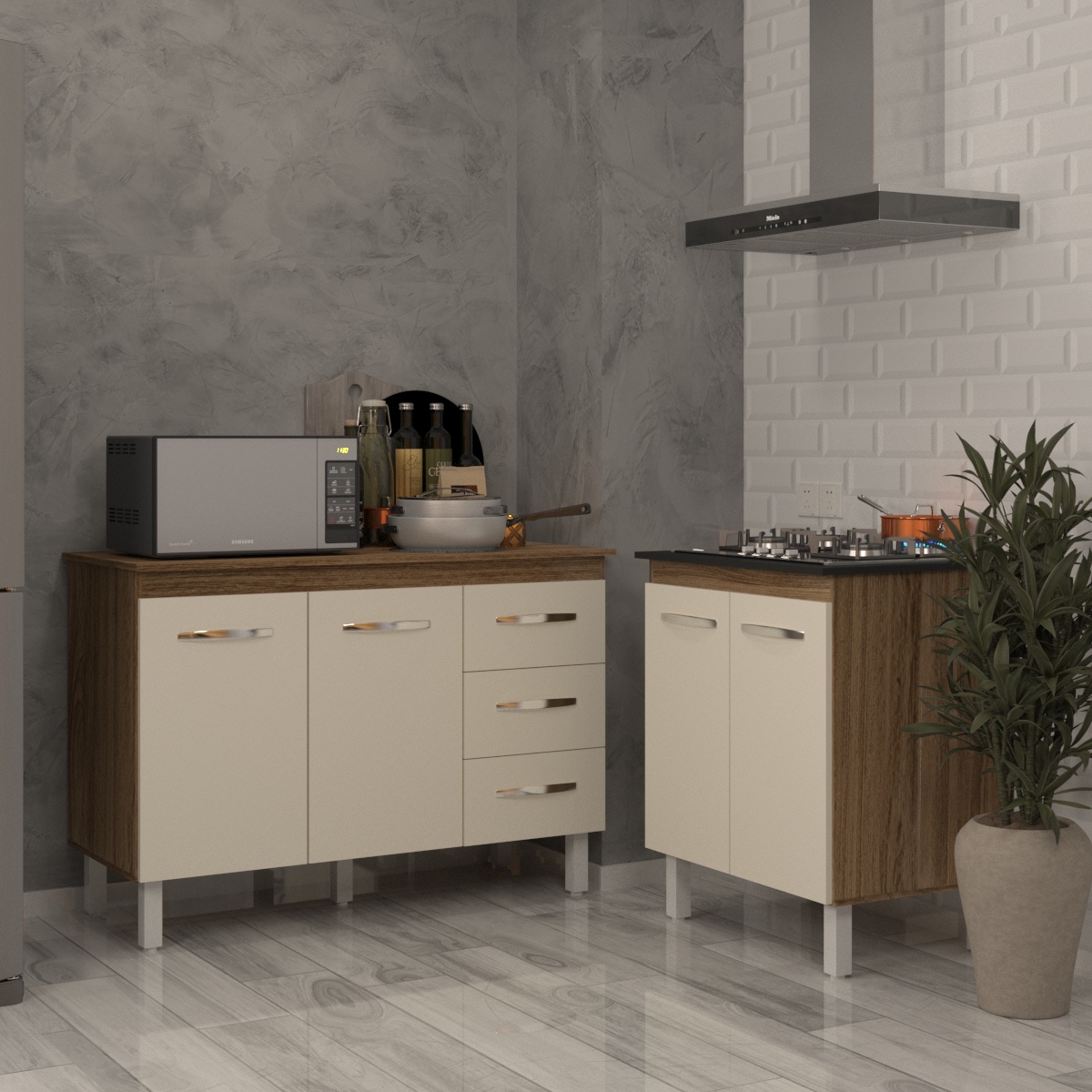Balcão Para Cooktop 4 Bocas Fran e Armário Bruna 118 cm Cozinha Gabinete Savana Off White com Tampo Tampão Savana 