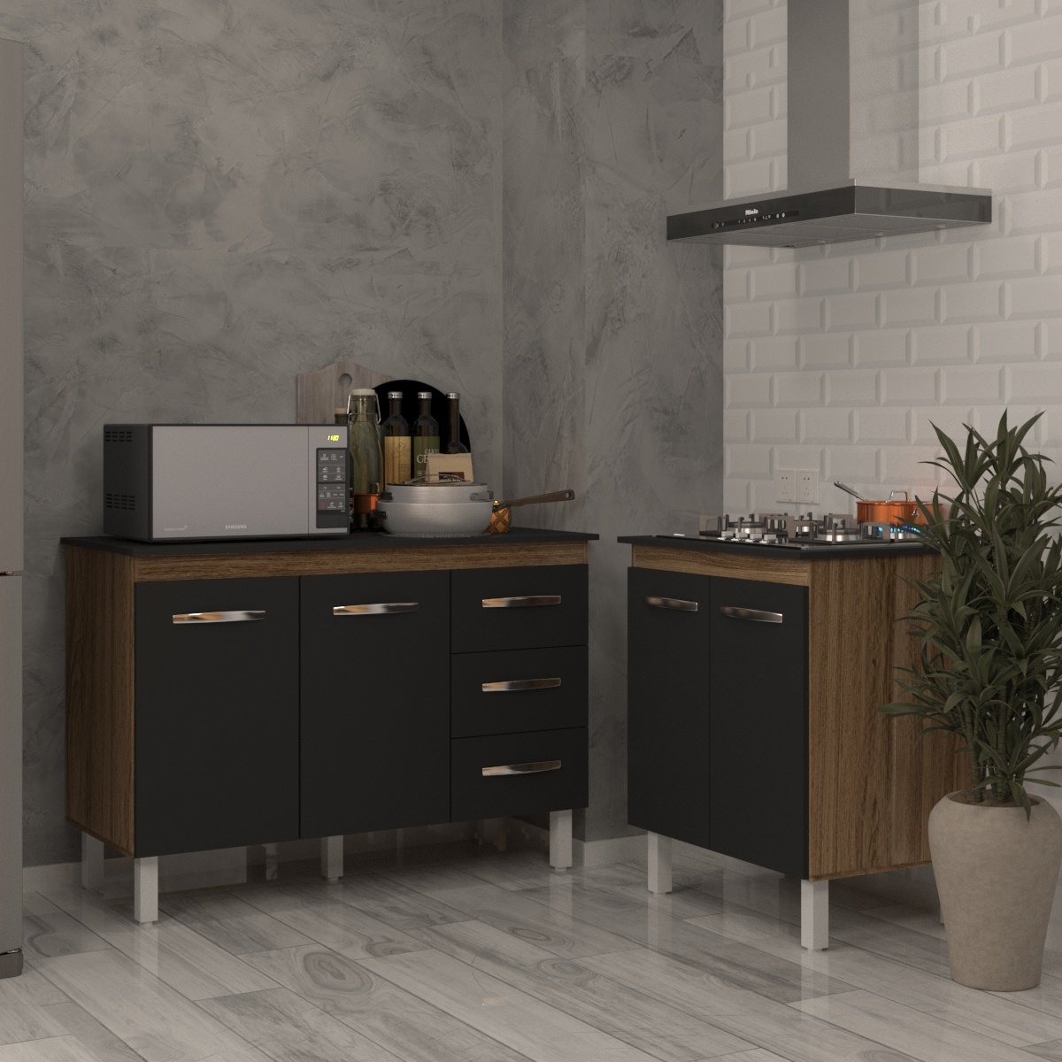 Balcão Para Cooktop 4 Bocas Fran e Armário Bruna 118 cm Cozinha Gabinete Savana Preto com Tampo Tampão Preto 