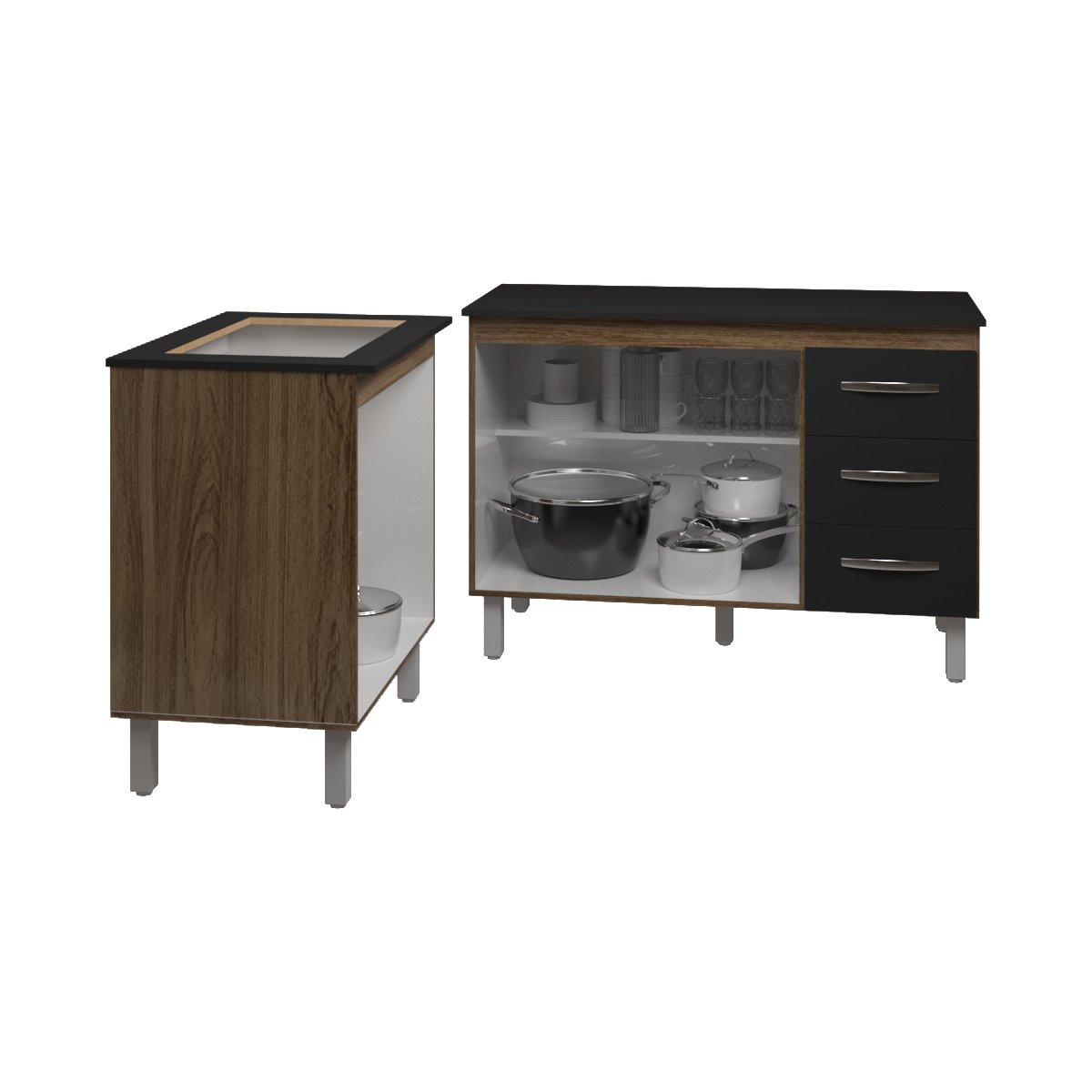 Balcão Para Cooktop 4 Bocas Fran e Armário Bruna 118 cm Cozinha Gabinete Savana Preto com Tampo Tampão Preto 