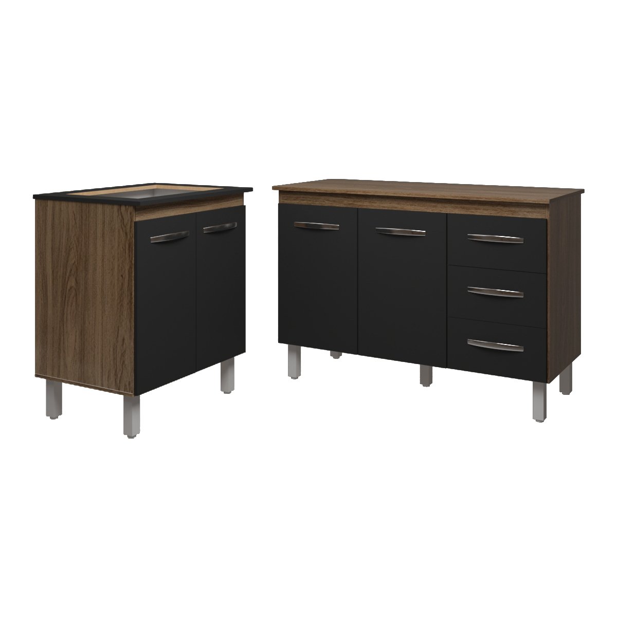 Balcão Para Cooktop 4 Bocas Fran e Armário Bruna 118 cm Cozinha Gabinete Savana Preto com Tampo Tampão Savana 