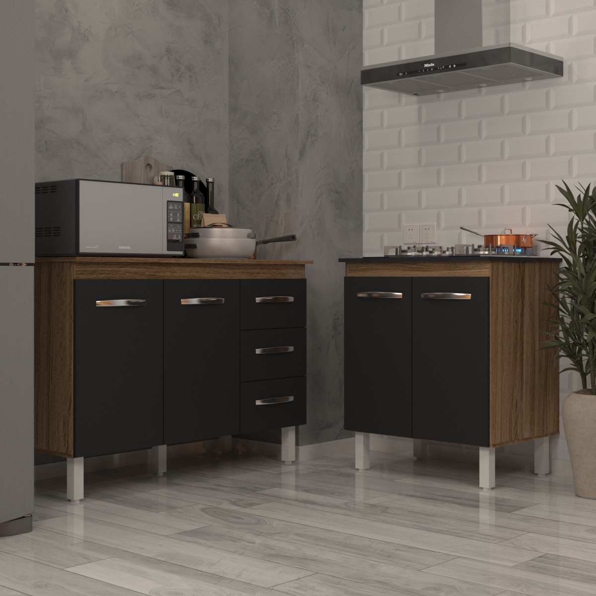 Balcão Para Cooktop 4 Bocas Fran e Armário Bruna 118 cm Cozinha Gabinete Savana Preto com Tampo Tampão Savana 