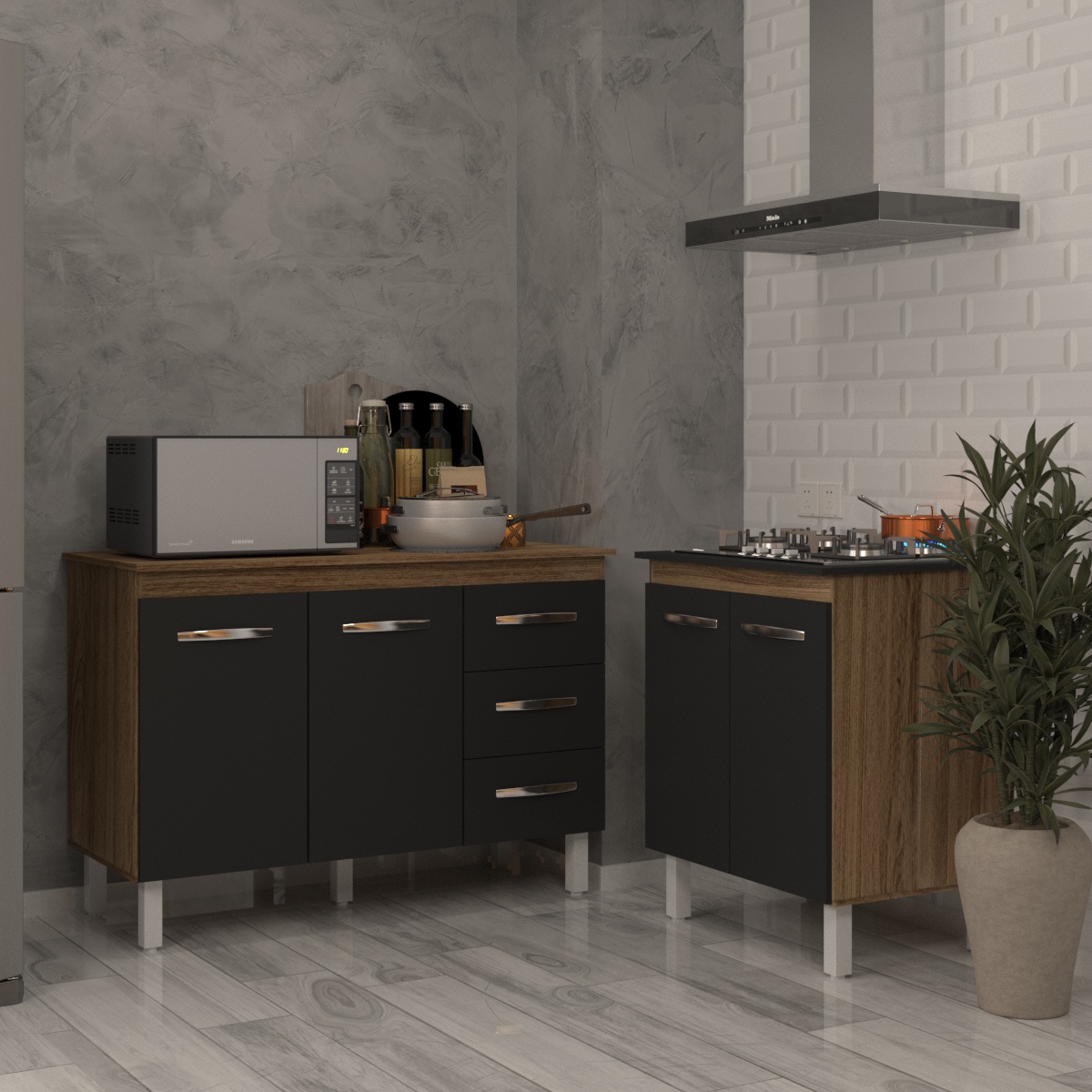 Balcão Para Cooktop 4 Bocas Fran e Armário Bruna 118 cm Cozinha Gabinete Savana Preto com Tampo Tampão Savana 
