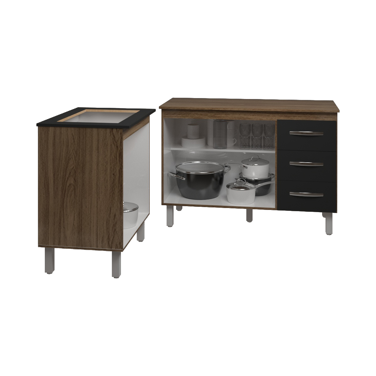 Balcão Para Cooktop 4 Bocas Fran e Armário Bruna 118 cm Cozinha Gabinete Savana Preto com Tampo Tampão Savana 