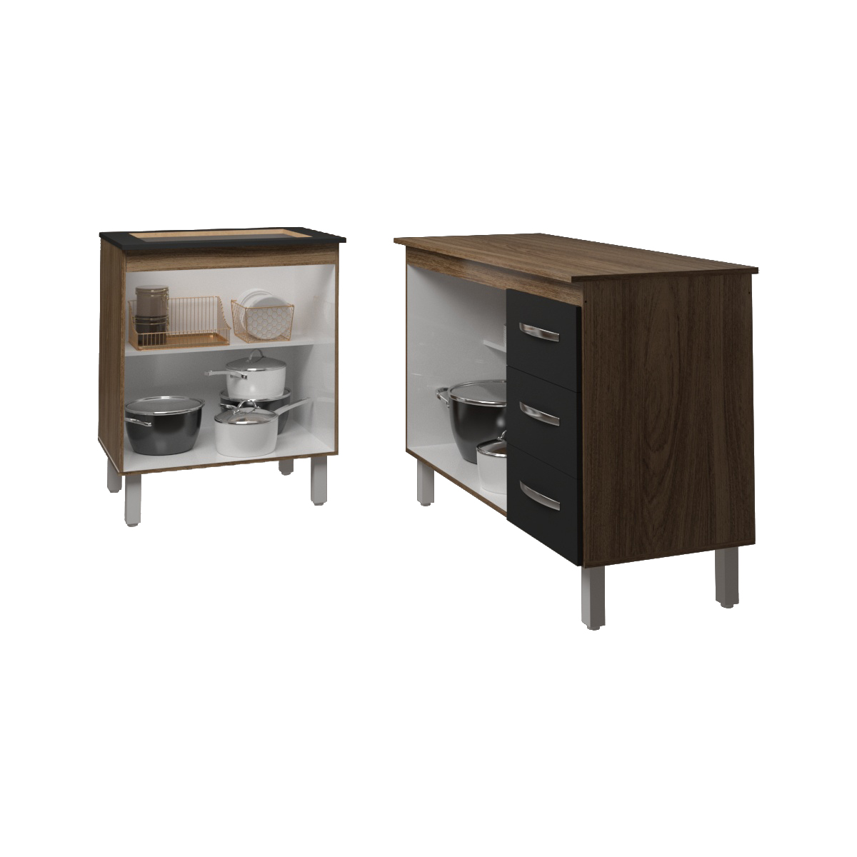 Balcão Para Cooktop 4 Bocas Fran e Armário Bruna 118 cm Cozinha Gabinete Savana Preto com Tampo Tampão Savana 