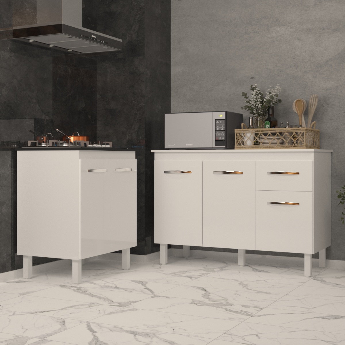 Balcão Para Cooktop 5 Bocas Fran Branco e Armário Aline 118 cm Cozinha Gabinete Branco com Tampo Tampão Branco 