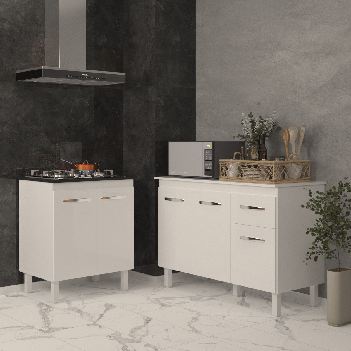Balcão Para Cooktop 5 Bocas Fran Branco e Armário Aline 118 cm Cozinha Gabinete Branco com Tampo Tampão Branco 
