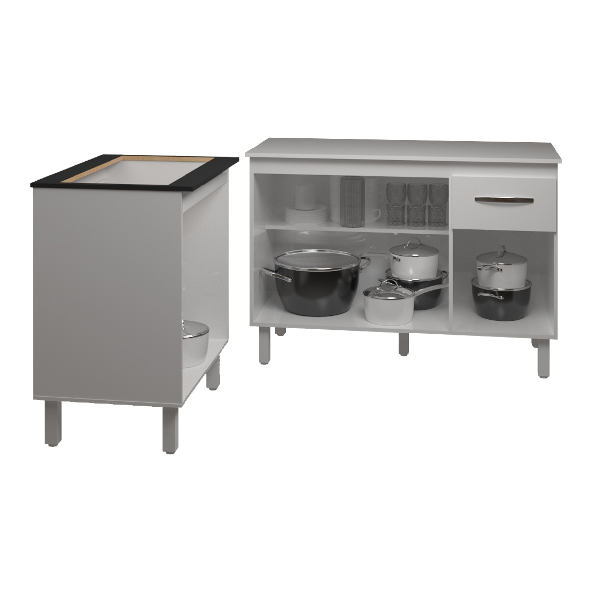 Balcão Para Cooktop 5 Bocas Fran Branco e Armário Aline 118 cm Cozinha Gabinete Branco com Tampo Tampão Branco 