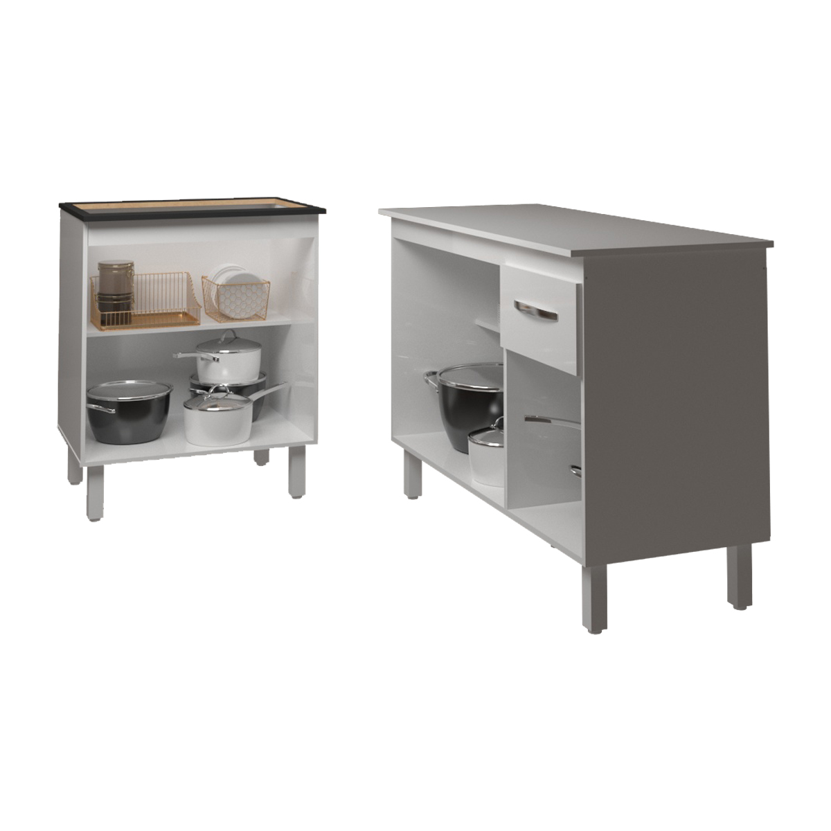 Balcão Para Cooktop 5 Bocas Fran Branco e Armário Aline 118 cm Cozinha Gabinete Branco com Tampo Tampão Branco 