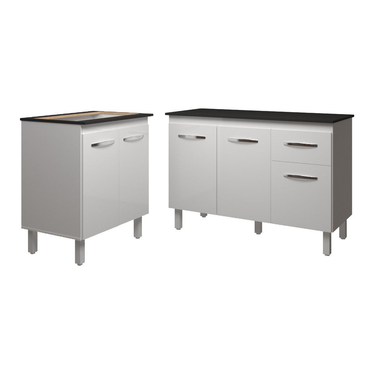 Balcão Para Cooktop 5 Bocas Fran Branco e Armário Aline 118 cm Cozinha Gabinete Branco com Tampo Tampão Preto 