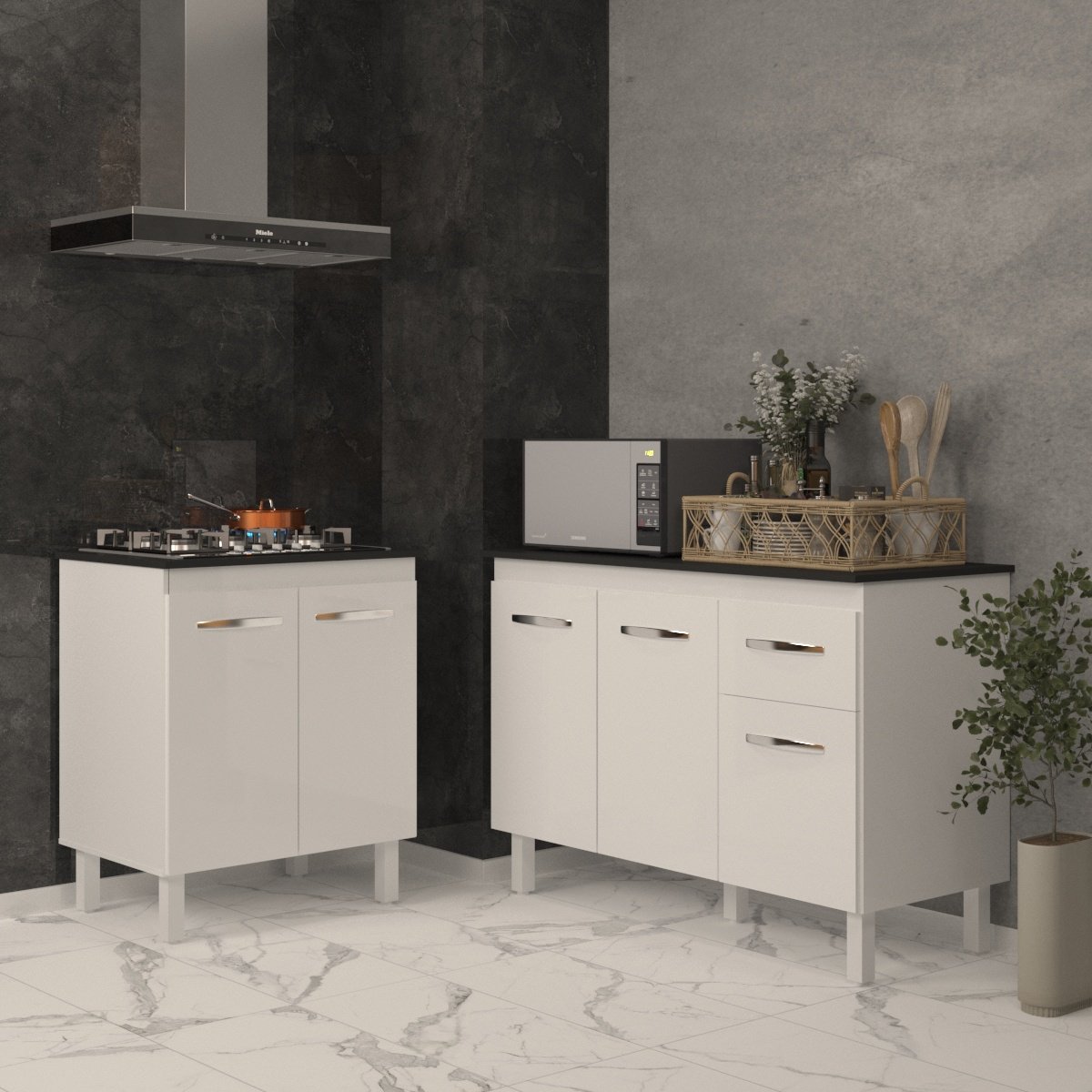 Balcão Para Cooktop 5 Bocas Fran Branco e Armário Aline 118 cm Cozinha Gabinete Branco com Tampo Tampão Preto 