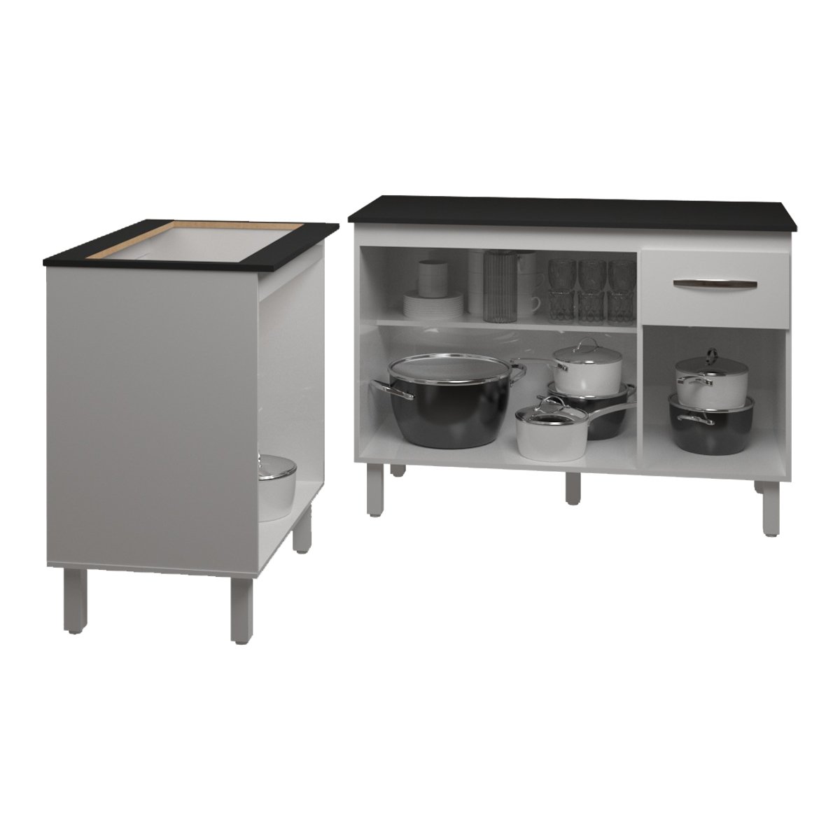 Balcão Para Cooktop 5 Bocas Fran Branco e Armário Aline 118 cm Cozinha Gabinete Branco com Tampo Tampão Preto 