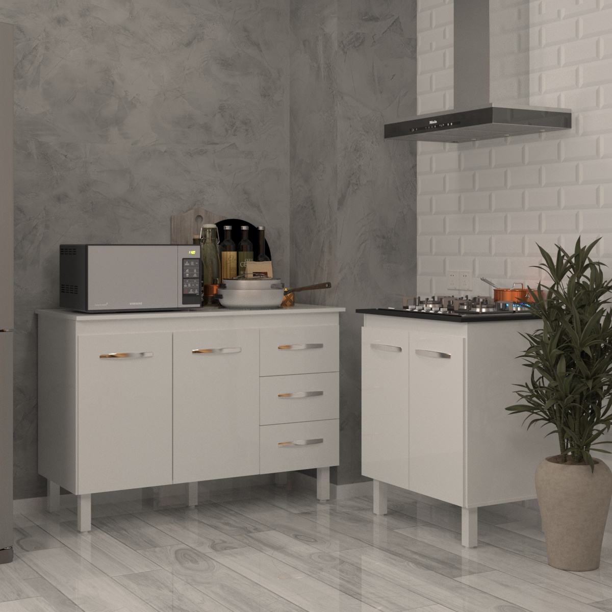 Balcão Para Cooktop 5 Bocas Fran Branco e Armário Bruna 118 cm Cozinha Gabinete Branco com Tampo Tampão Branco 