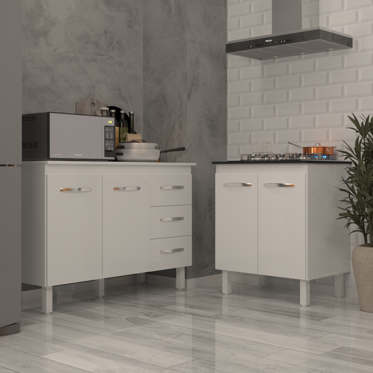 Balcão Para Cooktop 5 Bocas Fran Branco e Armário Bruna 118 cm Cozinha Gabinete Branco com Tampo Tampão Branco 